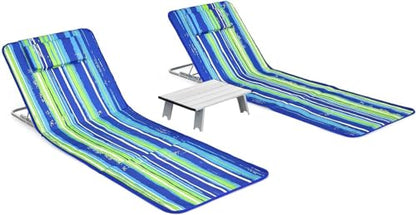Goplus Beach Chairs with Side Table, 2 Pack Folding Lounge Chairs for Adults, with 5 Adjustable Position, Backpack Lightweight Reclining Lounge Chair for Lawn Camping Picnic Sunbath Pool (Blue Stripe) - color: Blue Stripe