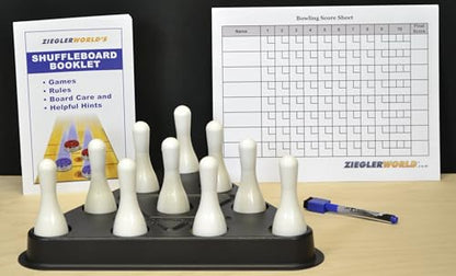Zieglerworld Table Shuffleboard Bowling White Pins - Pinsetter - Rules Booklet - Score Chart - Carrier Bag & Wood Ball