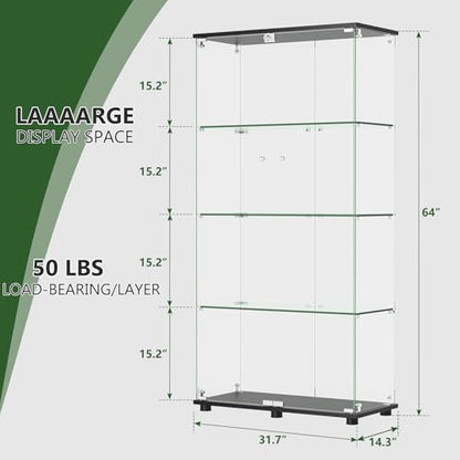 Glass Display Cabinet with 4-Shelf Double Doors and Lock, 5mm Tempered Glass Floor Standing Bookshelf for Living Room, Bedroom, Office, 64 x 31.7 x 14.3 in, Black - size: 64 x 31.7 x 14.3 in -4-Tier