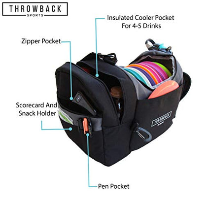 The Throwback Sack - Frisbee Disc Golf Bag with Cooler - Holds 12 to 15 Discs + 6 Cold Drinks + Water Bottle Holder - Extra Padding, Comfortable Strap - Room for All Your Disc Golf Accessories
