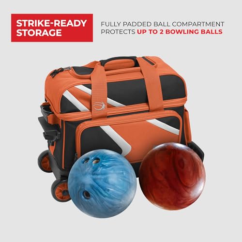 BSI Dash Roller Bowling Bag with Smooth Rolling Wheels, Padded Ball Compartment, Retractable Locking Handle, & Shoe Pocket - color: Black/Orange/White, style: Double