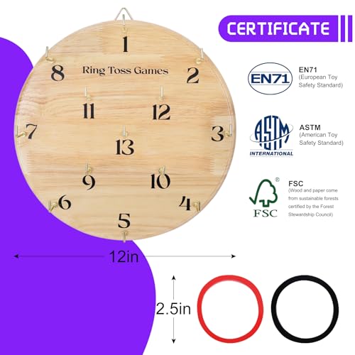 Offelec Wooden Ring Toss Game for Adults - Wall Hanging or Indoor/Outdoor Lawn Game, Fun for Family, Home, Party, Office, Camping & Backyard, Beach Games