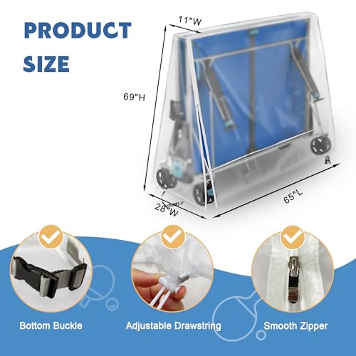 Ping Pong Table Cover for Indoor & Outdoor Folding Table Tennis Tables, Frosted Semi-Transparent PVC Table Protector, Waterproof, Side Zipper for Easy Fit, Fits 65''x28''x10''x69'' Tables