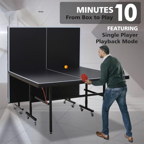 9FT Folding Table Tennis Table with 2 Paddles, 3 Balls & Net Set with Solo Playback Mode, Different Thickness MDF Surface, Lockable Wheels & Quick Assembly - color: Black, size: 0.472" MDF Top