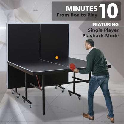 9FT Folding Table Tennis Table with 2 Paddles, 3 Balls & Net Set with Solo Playback Mode, Different Thickness MDF Surface, Lockable Wheels & Quick Assembly - color: Black, size: 0.472" MDF Top