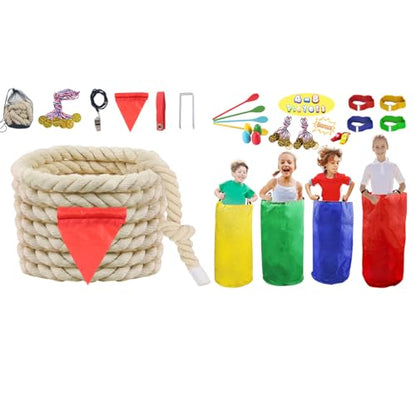 Outdoor Games, Tug of War Rope for Kids and Adult, 28PCS Potato Sack Race Bags, Egg and Spoon Race, Outdoor Games Set Perfect for Carnival Team Building Activities, Field Day Family Reunion Birthd