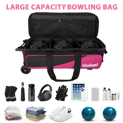 Goloni 3 Ball Bowling Bag with Wheels, Rolling Bowling Roller Bag with Retractable Handle for Balls & Bowling Accessories - color: 3 Ball-Pink