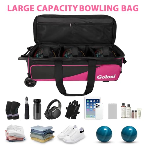 Goloni 3 Ball Bowling Bag with Wheels, Rolling Bowling Roller Bag with Retractable Handle for Balls & Bowling Accessories - color: 3 Ball-Pink