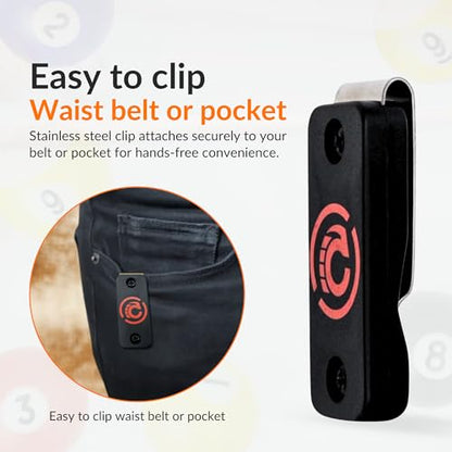 Cru5h Billiards Magnetic Chalk Holder Belt Clip - Rare Earth Neodymium Magnet Belt Clip with Metal Chalk Holders - Circle, Hexagon, Octagon, and Square Included