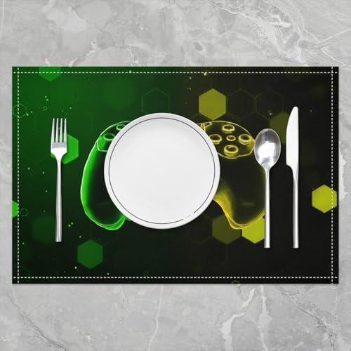 Erosebridal Gamer Boys 4 PCS of Placemats 12x18 Joystick Place Mat for Dining Table Lights Neon Modern Gamepad Non Slip Table Mats Geometric Green Yellow - color: Green Yellow