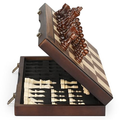 Magnetic Wooden Chess Set for Adults Kids 17'' Chess Board with Handmade Pieces, Folding Portable Travel Unique Chess Sets Game for Tournament Professional Beginner - size: 17 INCHES