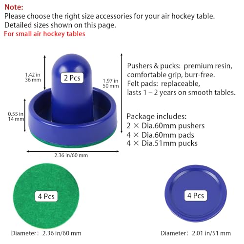 10-piece Set Mini Air Hockey Pushers and Pucks, Strikers Goal Handles Pushers Paddles Air Hockey Table Replacement Accessories, (2 Pushers, 4 Pucks,4 Pads), 60MM - color: Blue