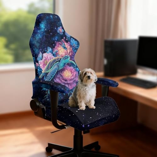Suobstales Galaxy Turlte Butterfly Flower Pattern Gaming Chair Covers Slipcovers Non Slip Office Desk Chair Cover with Armrest Covers, Stretch Computer Chair Cover Ergonomic Rotating Game Chair Covers - color: Galaxy Turlte Butterfly Flower