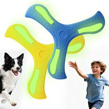 2 PCS Pet Dog Luminous Boomerangs | Easy to Throw Boomerang for Adults and Kids, Doggy Outdoor Toy Flying Glow in The Dark, Blue and Yellow, 2 Pieces - color: Blue and Yellow