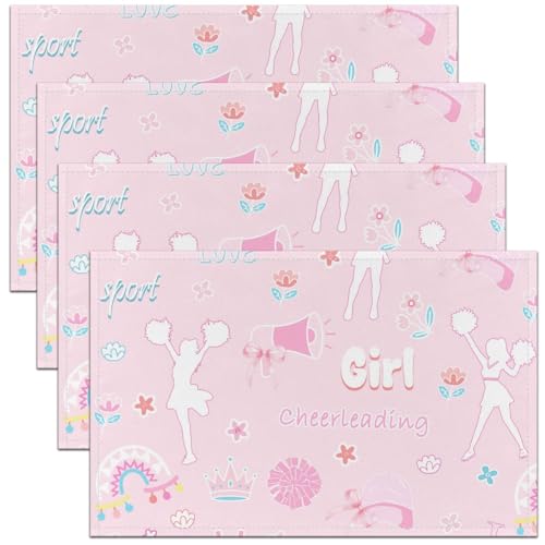 Cheerleading Placemats Set of 4,Girl Cheerleader Table Mats,Pink Bow Knot Flower Rainbow Placemat for Kitchen Dining Table Cartoon Pink Kawaii Dining Table Decor,18"x12" - color: Pink Cheerleading
