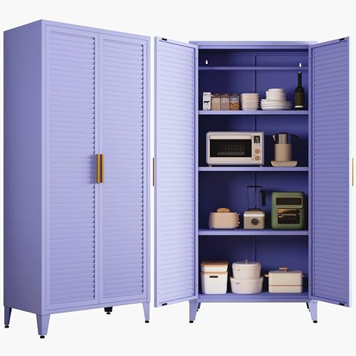 Pantry Cabinet Locker with 3 Adjustable Shelves, 4-Tier Freestanding Kitchen Storage Organizer, Multi-Function Storage Unit for Kitchen, Entryway and Hallway Purple - color: Lilac, style: Pantry-61"H-TW