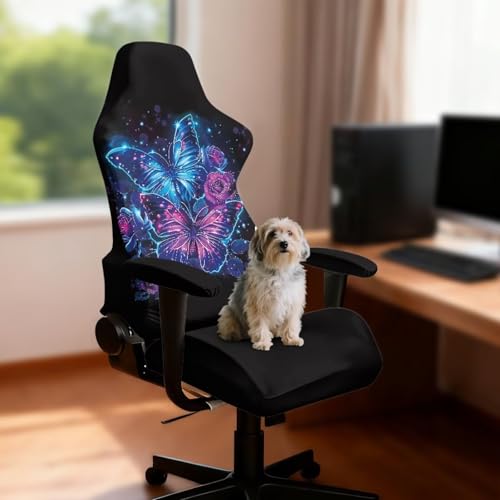 Suobstales Butterfly Rose Pattern Gaming Chair Covers with Armrest Covers, Elastic Computer Chair Slipcovers Stretchable Washable Gaming Chair Seat Cover - color: Butterfly Rose