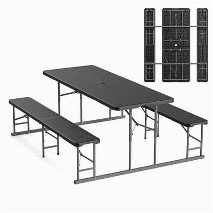 VINGLI Folding Picnic Table and Bench Set, Portable Outdoor Dining Furniture for Camping, Patio, Backyard, Wood Grain Plastic Top with Metal Frame （Black） - color: Black, style: Standard