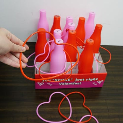 Valentine Bottle Ring Toss Game for Kids Party Activity, Indoor/Outdoor Backyard Yard Carnival Game, Classroom Valentine's Party Games for Kids and Adults Party Supplies by 4E's Novelty, Red, Pink