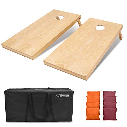 GoSports Regulation Size Wooden Cornhole Set with Natural Wood Finish - Includes Carrying Case - color: Burgundy & Orange