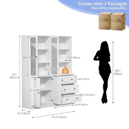 TUSY 71" H Bookshelf with Storage, 6-Tier Modern Bookshelves with 3 Large Drawer, Display Bookcase with Glass Doors, Modern 5-Tier Curio Cabinet for Home Office, Dining Room (White, AB) - color: White
