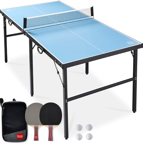 Best Choice Products Portable Ping Pong Table, Mid-Size Folding Indoor Outdoor Table Tennis w/ 2 Paddles, 4 Balls Included, Carrying Bag - color: Light Blue