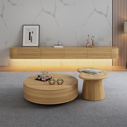 Floating TV Stand - Wall Mounted Media Console with 2 Drawer, Floating Entertainment Center TV Cabinet, Wall Mounted Audio/Video Shelf for Home Room (Wood 2+LED, 78.74x7.87x9.45IN) - color: Wood 2+led, size: 78.74x7.87x9.45IN