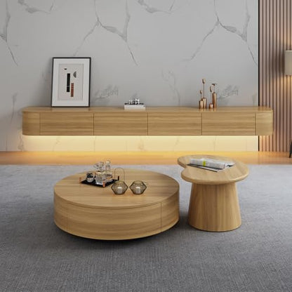 Floating TV Stand - Wall Mounted Media Console with 2 Drawer, Floating Entertainment Center TV Cabinet, Wall Mounted Audio/Video Shelf for Home Room (Wood 2+LED, 110.24x7.87x9.45IN) - color: Wood 2+led, size: 110.24x7.87x9.45IN