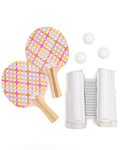 Packed Party Game Set Match Table Tennis Set – 2 Multicolor Plaid Wooden Paddles, 3 Balls, and Retractable Net for Any Table, 6-Piece Complete Set