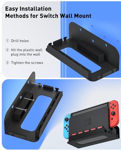 Wall Mount for Nintendo Switch and Switch OLED with 2 Controller Wall Holders, Metal Wall Mount Kit Stand with 5 Game Card and 4 JoyCon Shelfs, Safely Store Console Near or Behind TV, Black - color: Black Kit
