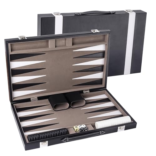 GSE Premium Leather Backgammon Board Game Set, Black&Grey, Medium | Premium Leather, Travel Folding Board, Classic Game Set, Leather Case Included - color: Leather-black&grey, size: Medium