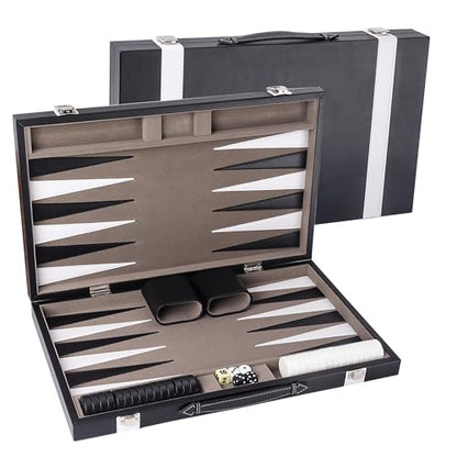 GSE Premium Leather Backgammon Board Game Set, Black&Grey, Medium | Premium Leather, Travel Folding Board, Classic Game Set, Leather Case Included - color: Leather-black&grey, size: Medium