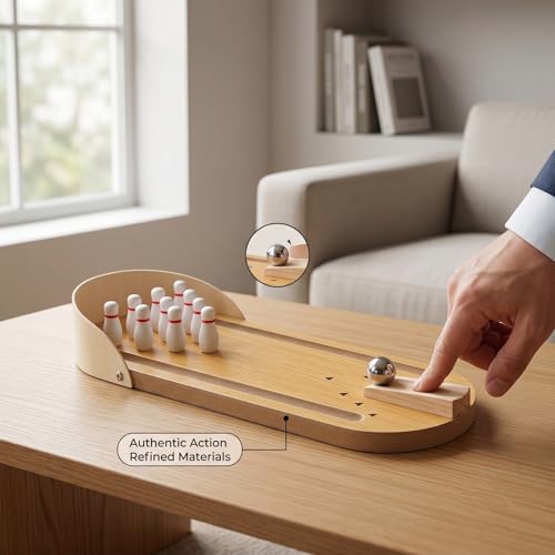 Tabletop Mini Bowling Game Set - Wooden Home Bowling Alley, Office Desk Toy Stress Relief Gadget, Compact Portable Fun for Adults Teens Kids Xmas Stocking Stuffers