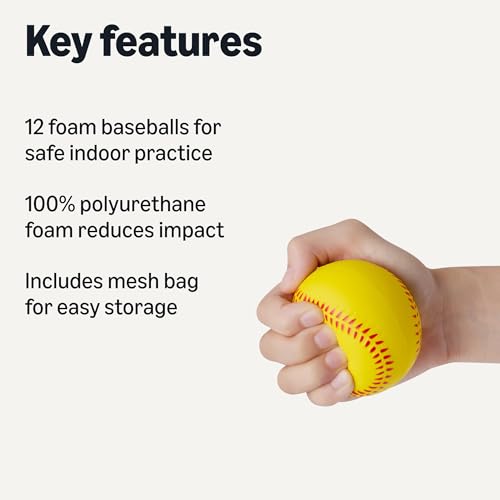 Amazon Basics Foam Training Baseballs for Indoor Practice and Safe Play, 2.68-inch, 12-Pack with Mesh Storage Bag