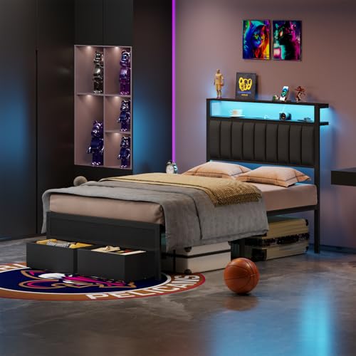 Furnulem Full Size Bed Frame with Charging Station and LED Lights, Grey Upholstered Headboard with Shelves, Metal Platform Bed with 2 Under-Bed Storage (Fabric Drawer on Wheels), No Box Spring Needed - size: Full