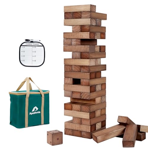 ApudArmis 54 PCS Tumble Timber Set Up to 3.2FT, Pine Wooden Tumble Tower Game with Dice and Scoreboard Set - Classic Block Stacking Board Game for Adults Teenagers (Brown) - color: Brown, size: M-Stack to 3.2 FT