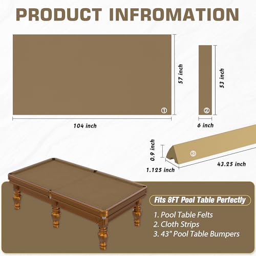 Pool Table Felt and Bumper Kit Felt for Billiard Cloth with Pool Table Bumpers and Cushions Facing, 6 Pcs Cloth Strips and Staple Remover - color: Tan, size: 8FT + 42'' Bumpers