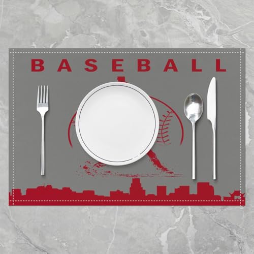Erosebridal Baseball Place Mat Set of 4 Softball Placement Mats Sports Games Placemats Athlete City Silhouette Table Mats for Kitchen Dining Table, Grey Red - color: Grey Red