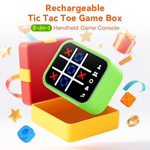Rechargeable Tic Tac Toe Game Box with 5 Fun Brain Memory Games, Electronic Touchscreen Handheld Game, Portable Digital Puzzle Board Travel Toy, Gifts Choice for Kids and Adults (Green)