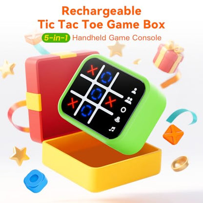 Rechargeable Tic Tac Toe Game Box with 5 Fun Brain Memory Games, Electronic Touchscreen Handheld Game, Portable Digital Puzzle Board Travel Toy, Gifts Choice for Kids and Adults (Green)