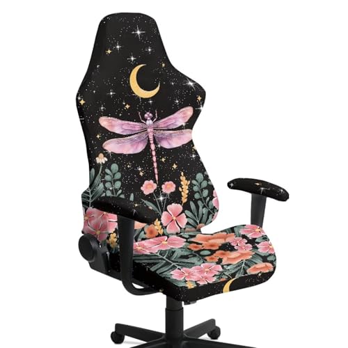 Suobstales Dragonfly Moon Flower Pattern Gaming Chair Cover with 2 Armrest Covers, Non Slip Game Chair Cover with Zipper, Dustproof Washable Gaming Chair Seat Cover, Set of 4 - color: Dragonfly Moon Flower