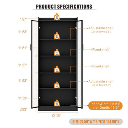 Dystler Display Cabinet with Doors and Adjustable Shelves, 65" Tall Bookcase with LED Lights/Human Sensor, 5 Tier Display Case for Collectibles Bedroom Living Room Office, Black - color: Black
