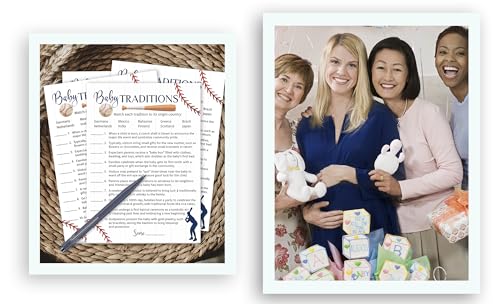 BASEBALL Baby Shower Games — BABY TRADITIONS around the World Game — Pack of 25, Rustic Sports Navy Blue BOY Shower Activity, Sport Fun Facts Baseball Little Slugger Theme Couples Shower G900-BTW