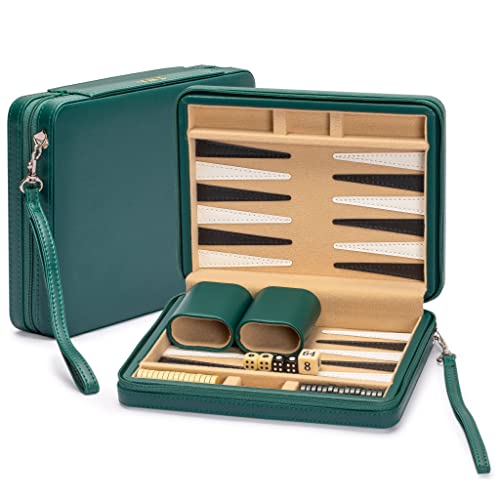 Yellow Mountain Imports Travel Size Backgammon Mini Game Set, Izmir - Magnetic Checkers and 9-inch Board in Sleek Leatherette Case - Classic Strategy Board Game - color: Green
