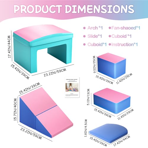 Crawl and Climb Foam Play Set, 6 Pcs Climbing Toys for Toddlers 1-3, Climb and Crawl Activity Playset, Soft Play Equipment Crawling and Sliding (Blue&Pink) 6 peices - color: Pink&blue