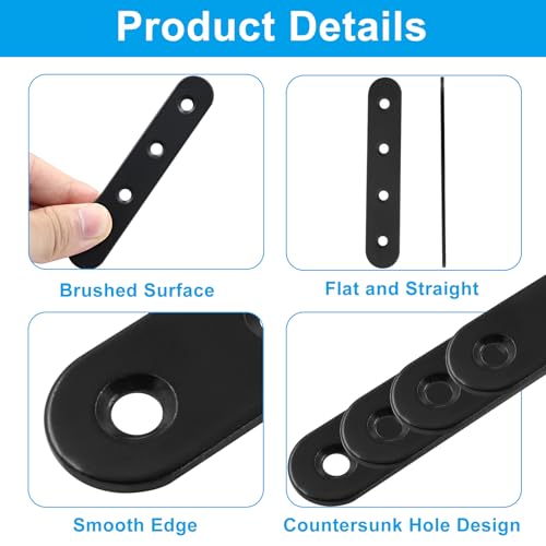 12 Pcs 4 Inch Straight Bracket, Stainless Steel Flat Mending Brace, Black Connector Plate with Mounting Screws & Screwdriver for Furniture Repair, Fixing - size: Black, 4" x 0.69"