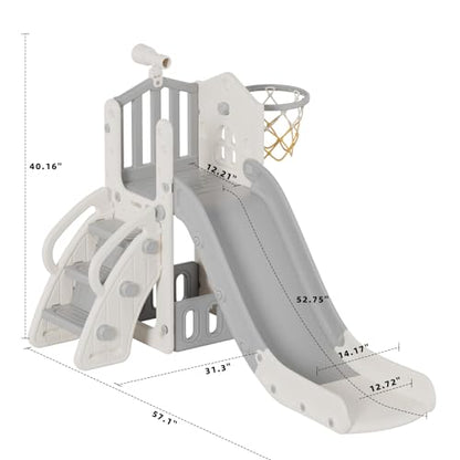 YUFU 5 in 1 Toddler Slide, Kids Slide with Climber, Basketball Hoop and Ball, Outdoor Indoor Playset for Toddlers Age 1-3 (Beige+Gray) - color: Beige+gray