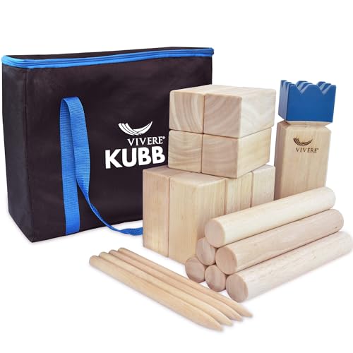 Vivere Kubb Yard Game Set Tournament Quality, Viking Chess Outdoor Clash Toss Yard Game with Carrying Case - Premium Rubber Wood with Corner Stakes