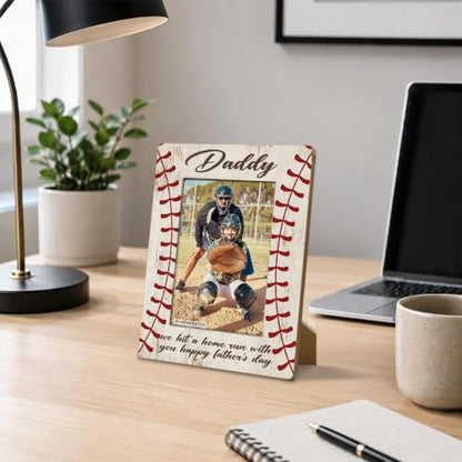 Baseball Dad Picture Frame, God Hit Home Run, Happy Daddy Gift from Kids, Home Bedroom Desk Shelf Table, Wood Sports Gifts