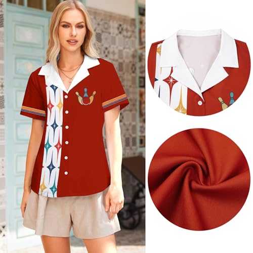 Bowling Shirts Women Hawaiian Bowling Shirt Bowling Lover Gift Tops Bowler Button Down Short Sleeve Tee - color: Red, size: Small